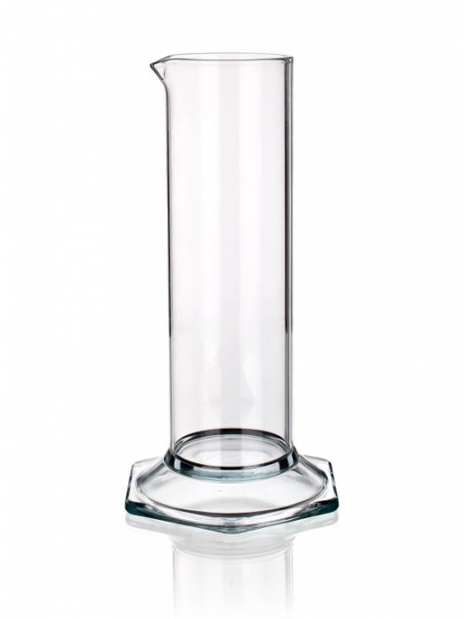 Graduated cylinder with hexagonal base and pourout