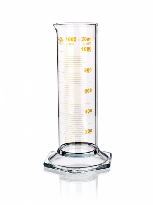 Hex base graduated cylinder with pourout