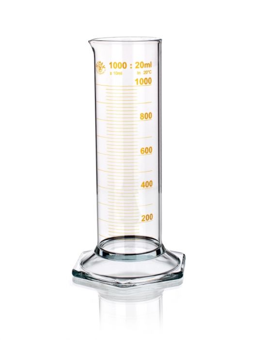 Hex base graduated cylinder with pourout
